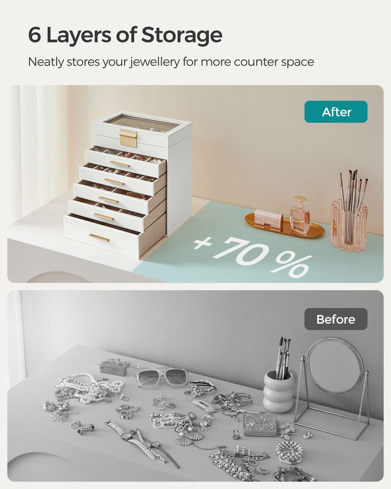 Before and after comparison showing a tidy dresser using the SONGMICS 6-tier jewellery box