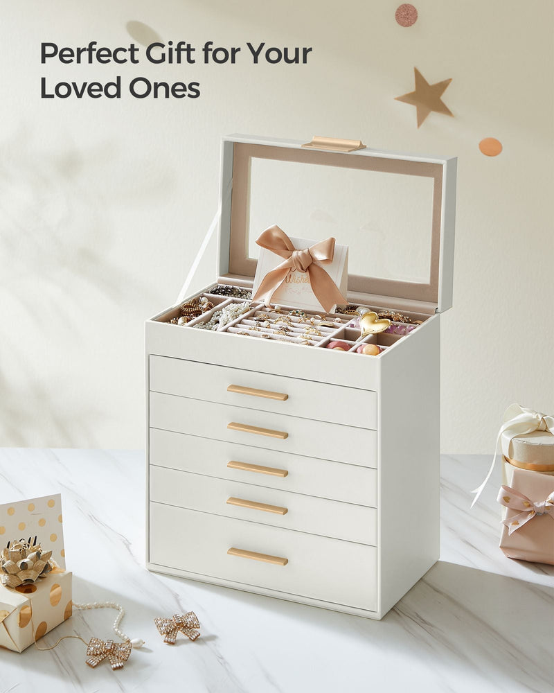 SONGMICS jewellery box open and filled with jewellery, styled as a gift with wrapped presents