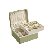 Open light green jewellery box showing 8 necklace hooks, a removable tray with ring and earring compartments, and a lower bracelet compartment