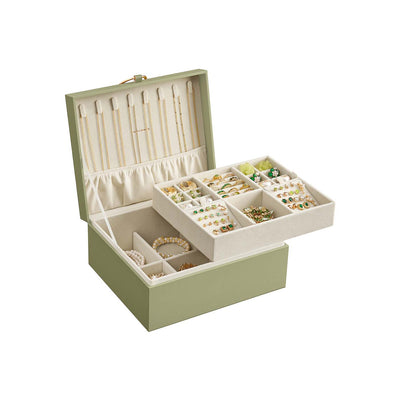 Open light green jewellery box showing 8 necklace hooks, a removable tray with ring and earring compartments, and a lower bracelet compartment