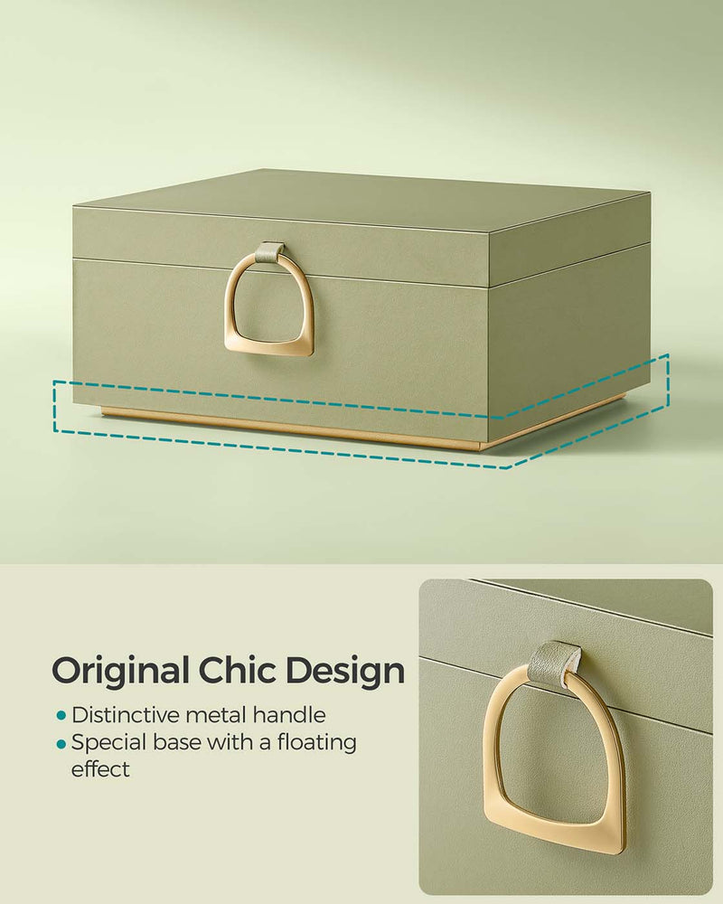 Closed light green jewellery box showing the gold handle and floating gold base detail