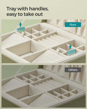 Jewellery tray with pull tabs for easy lifting compared with a tray that has no pull tabs