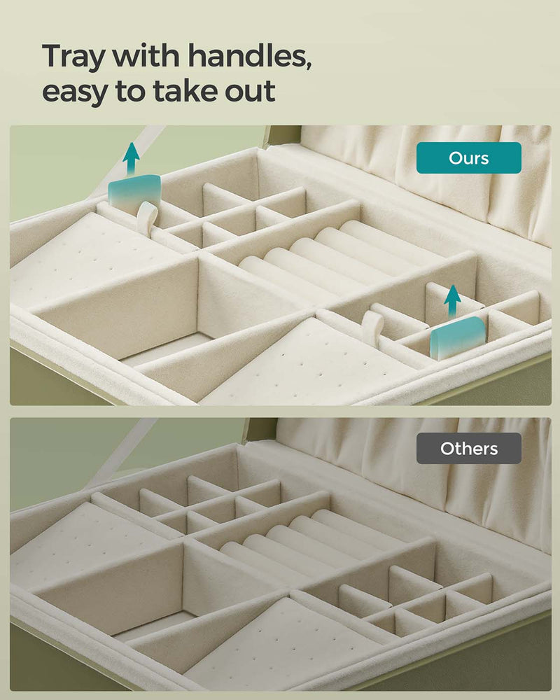 Jewellery tray with pull tabs for easy lifting compared with a tray that has no pull tabs