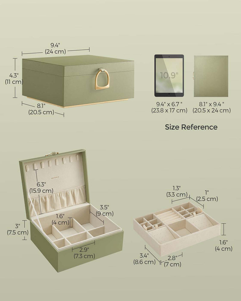 Labelled dimensions diagram of the jewellery box exterior and interior compartments in inches and centimetres