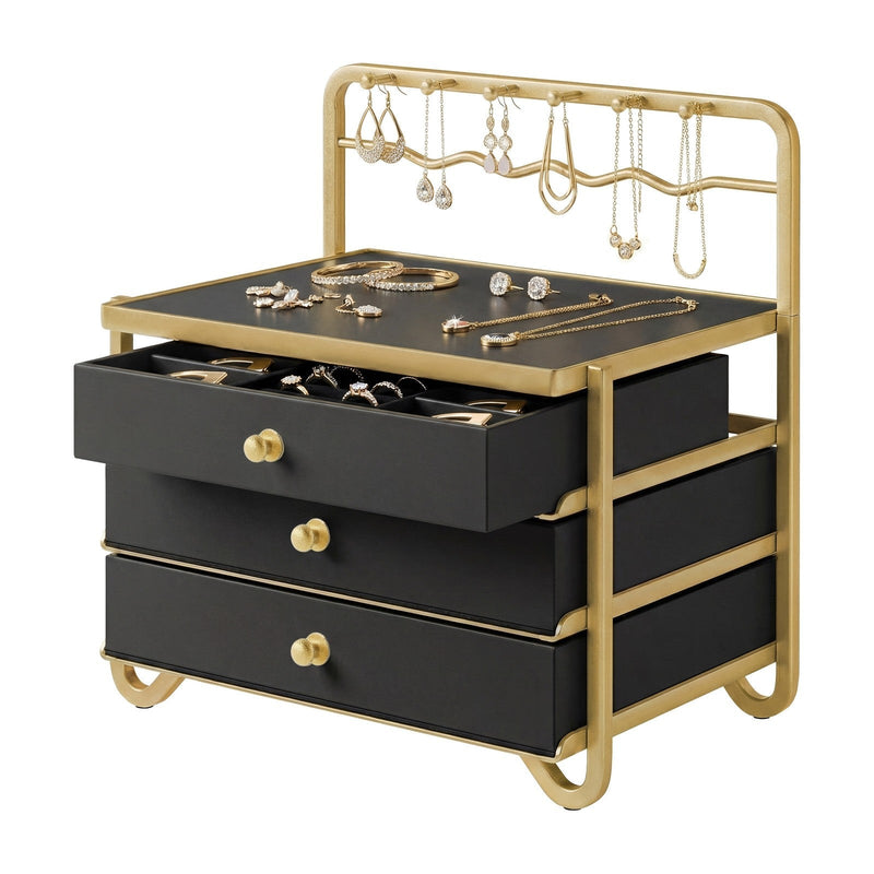 The same box with necklaces hung on the rack, the top tray open and the drawers pulled out