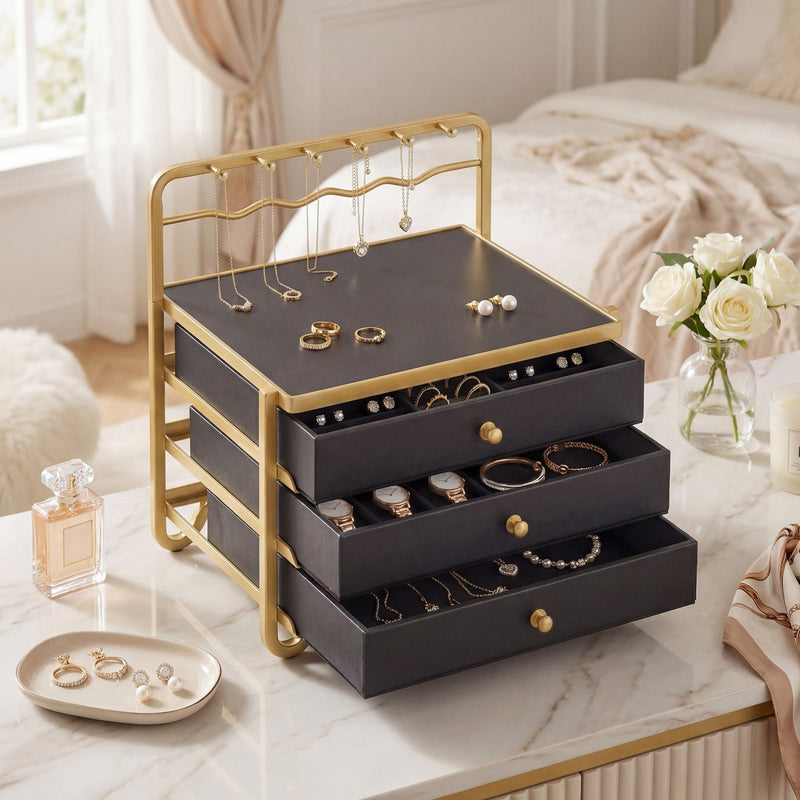 The jewellery box on a white bed with rings, a perfume bottle and a small dish
