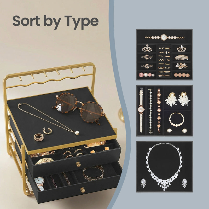 Sort by Type graphic showing which drawer suits earrings, watches and necklaces
