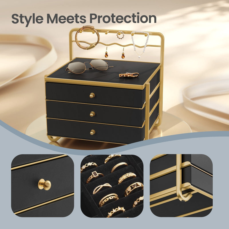 Style Meets Protection panel with close-ups of the gold knob, a ring-filled drawer and the frame