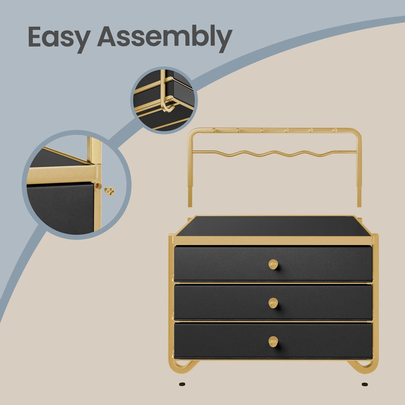 Easy Assembly graphic showing the 4 foot pads being fitted to the base of the box