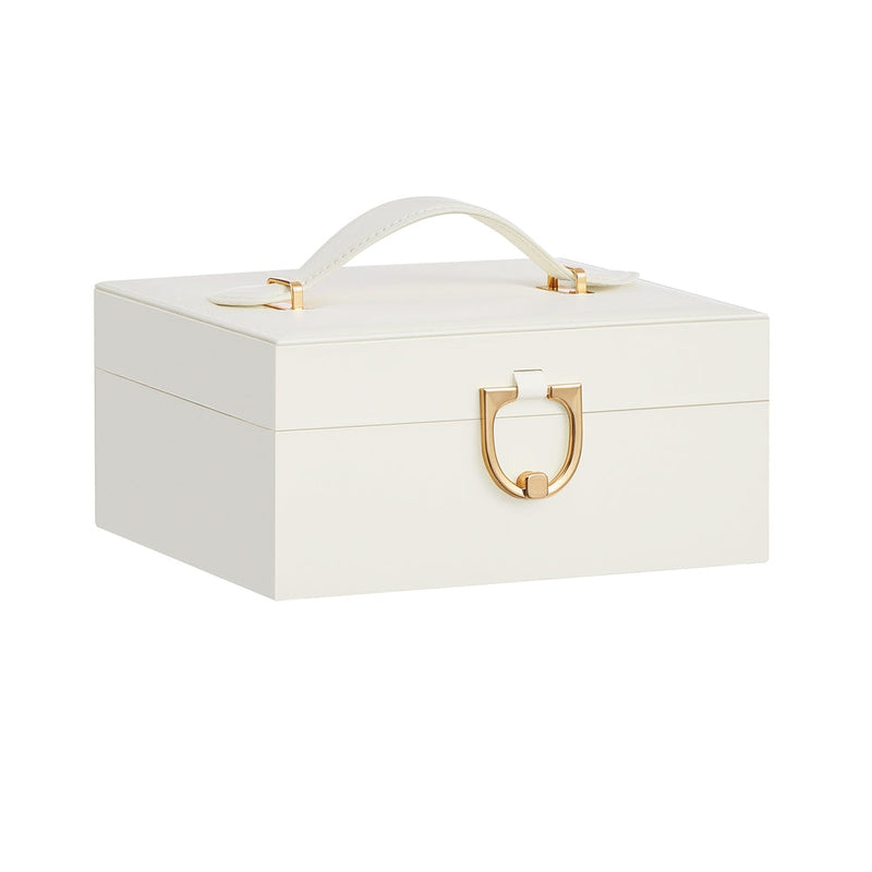 Songmics cream white 2-layer jewellery box with gold clasp and carry handle, studio shot closed