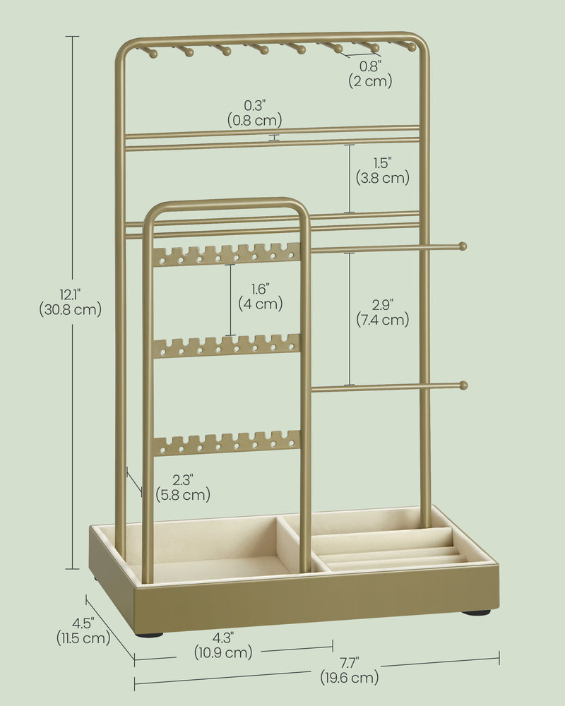 Fully assembled Songmics jewellery stand displaying earrings, bracelets and necklaces