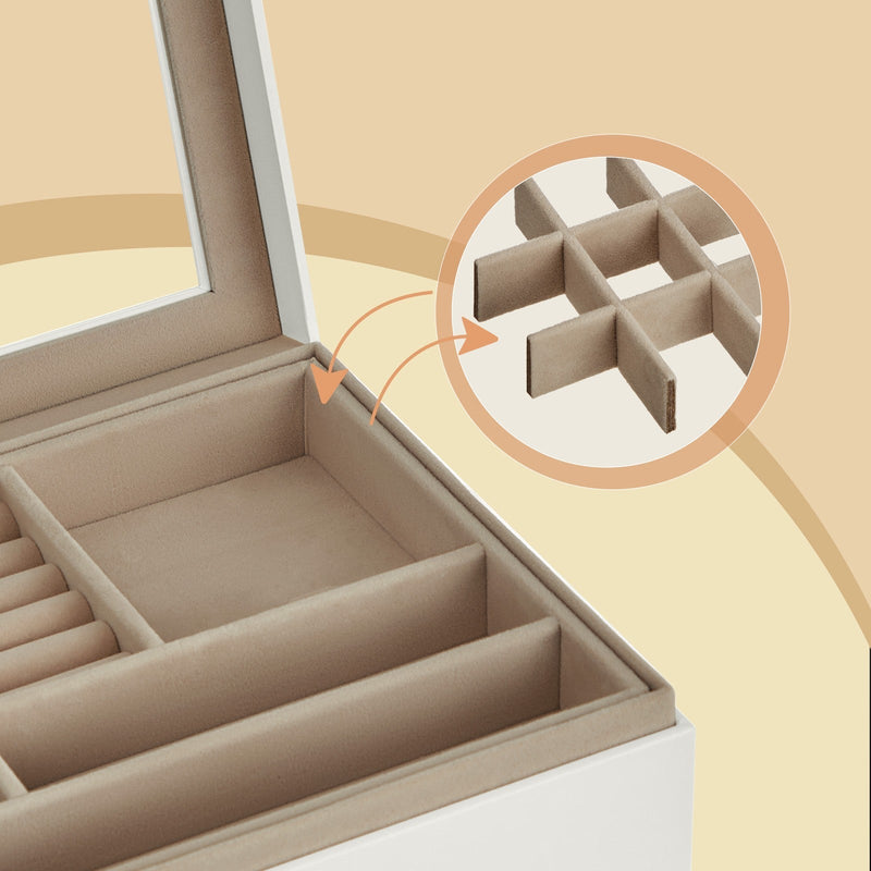 Close-up of the removable tray's velvet-lined compartments