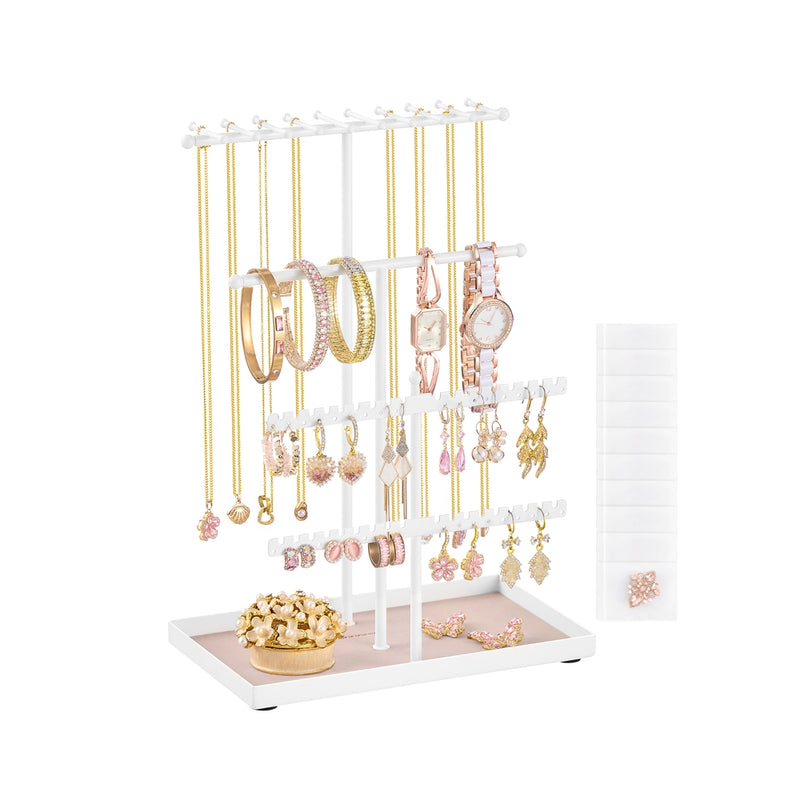 Matte white jewellery stand with metal frame and velvet tray