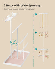 Necklaces hanging from the 3-tier metal T-bars