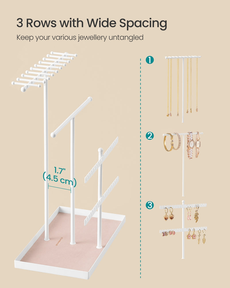 Necklaces hanging from the 3-tier metal T-bars