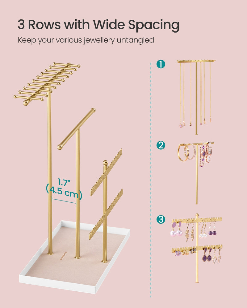 Necklaces hanging from the 3-tier metal T-bars