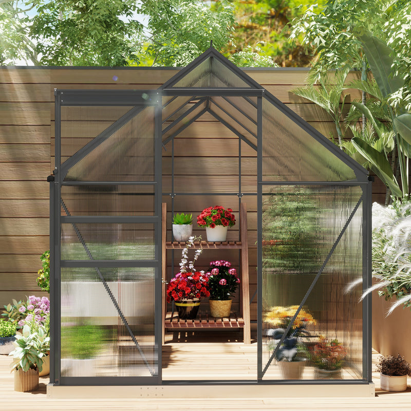 Walk In Polycarbonate Greenhouse with Roof Vent Ideal for Garden Growing, Dark Grey, 190x253x199cm