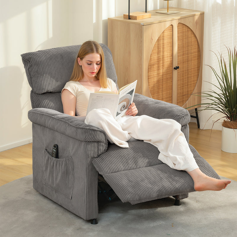 Electric Massage Recliner Chair with Corduroy Upholstery for Home Comfort Grey