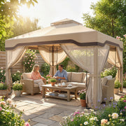 3x3.6m Metal Garden Gazebo with Mesh Sides for Shade and Insect Protection Double Roof, Khaki Outsunny
