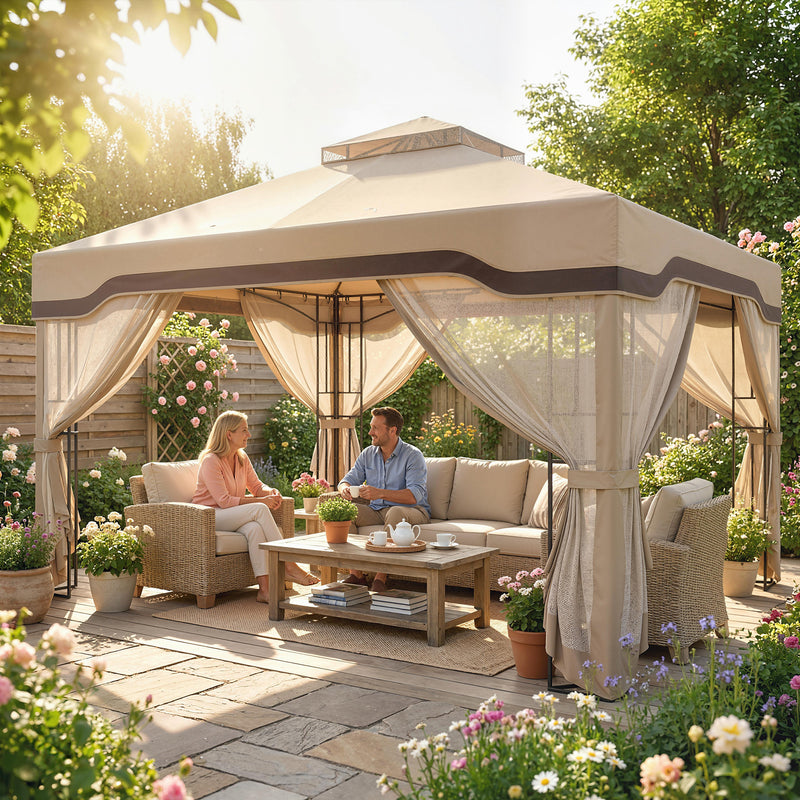 3x3.6m Metal Garden Gazebo with Mesh Sides for Shade and Insect Protection Double Roof, Khaki Outsunny