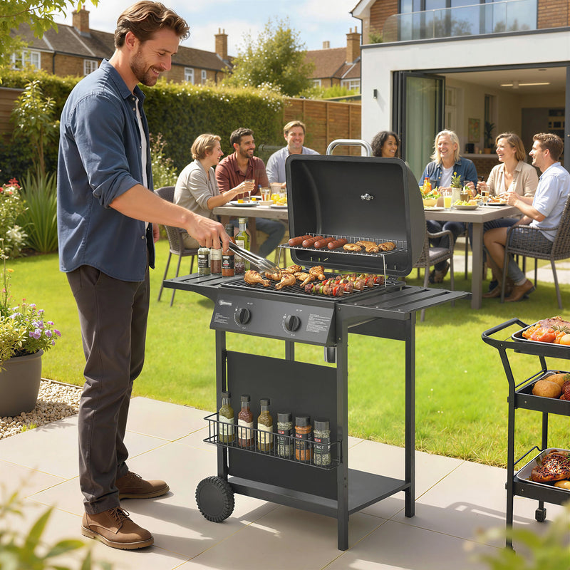 Gas Barbecue with 2 Burners and Storage for Easy Outdoor Cooking Black Outsunny