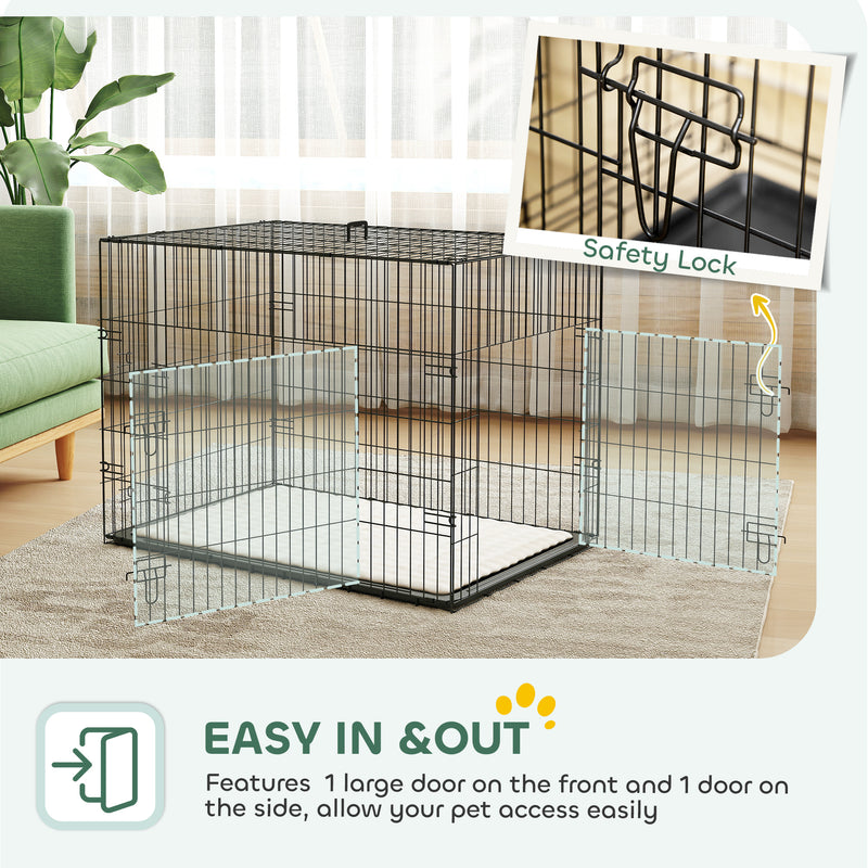 Foldable Dog Crate with 2 Doors Tray and Soft Cushion for Medium Large Dogs Black by PawHut