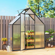 Walk-In Polycarbonate Greenhouse | Swing Door, Roof Vent & Ground Stakes – Black Outsunny