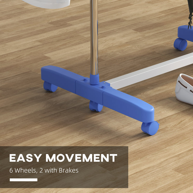 Four Shelf Folding Clothes Airer with Side Wings and Wheels for Indoor Drying, Blue