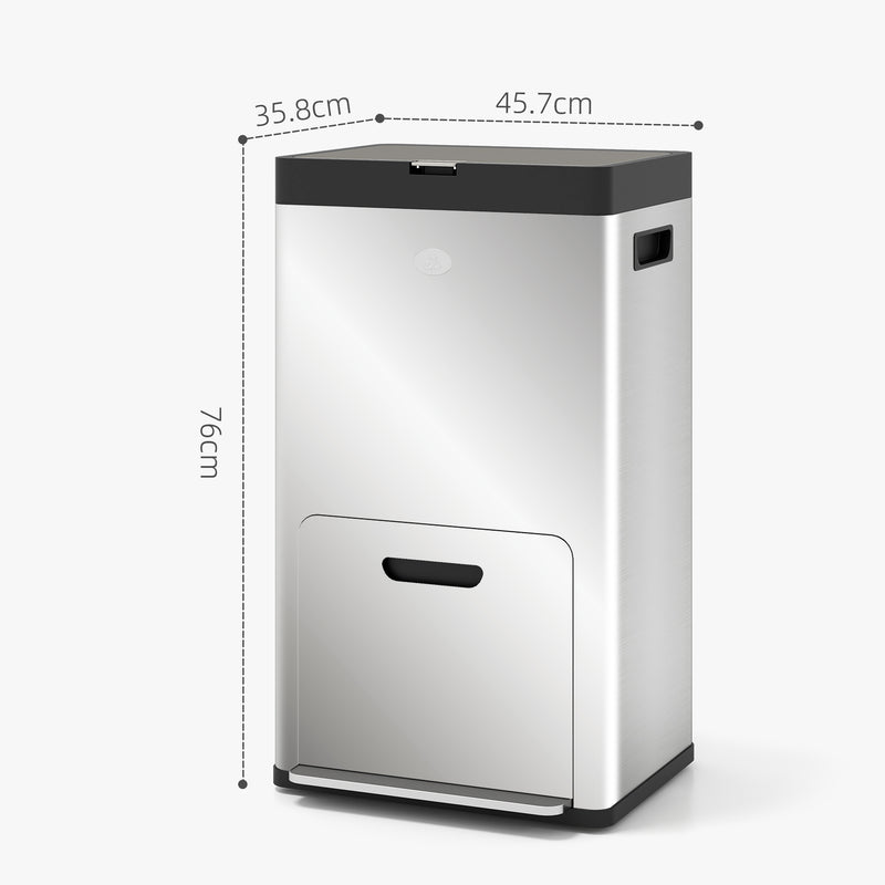 56L Stainless Steel Triple Kitchen Recycling Bin With Deodoriser Holders and Wheels by HOMCOM