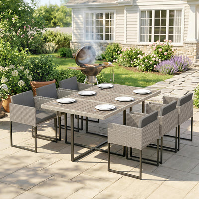 7-Piece Rattan Garden Dining Set with 6 Cushioned Chairs and Large Dining Table — Grey or Brown Outsunny