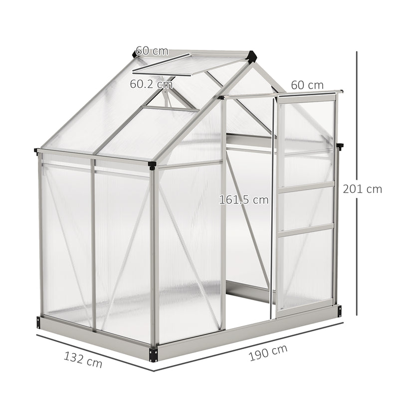 Walk In Polycarbonate Greenhouse With Aluminium Frame And Sliding Door 6x4ft Silver AOSOM