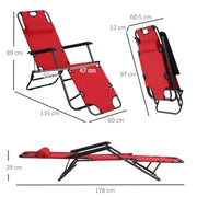 Set of 2 Folding Garden Sun Loungers with Reclining Backrest and Head Pillow Red AOSOM