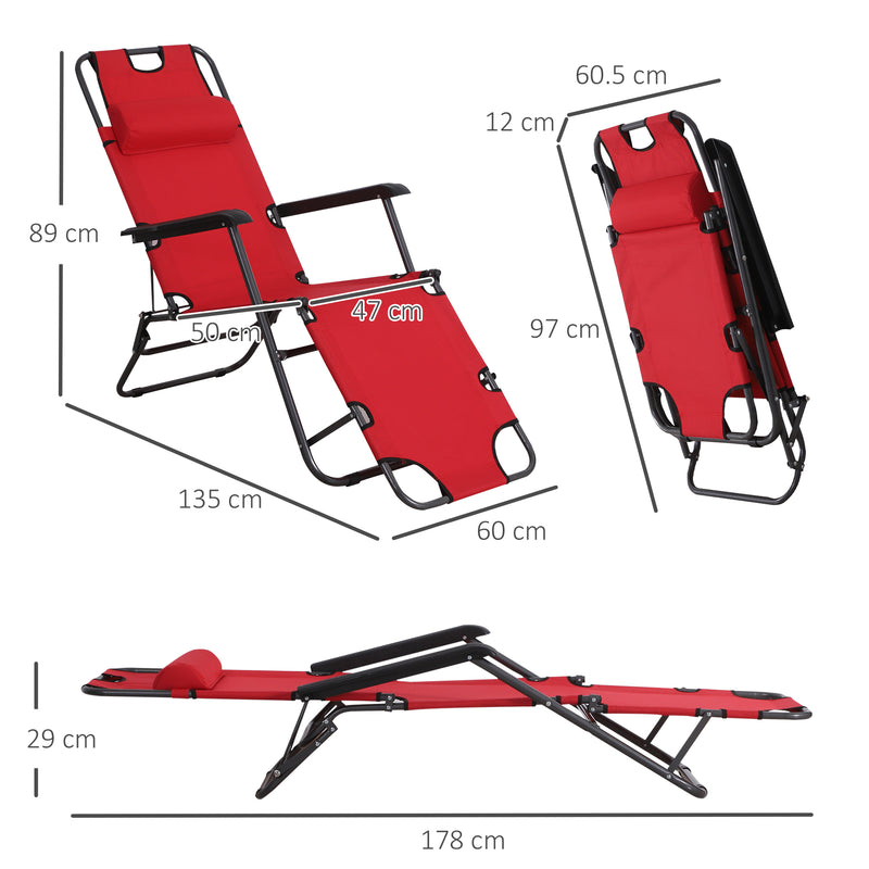 Set of 2 Folding Garden Sun Loungers with Reclining Backrest and Head Pillow Red AOSOM