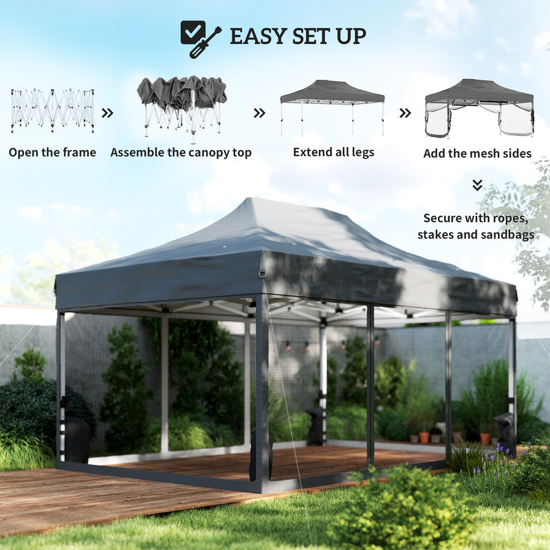 Pop Up Gazebo with Mesh Sides for Garden Shade and Insect Protection 3 x 4.5 m, Dark Grey Outsunny