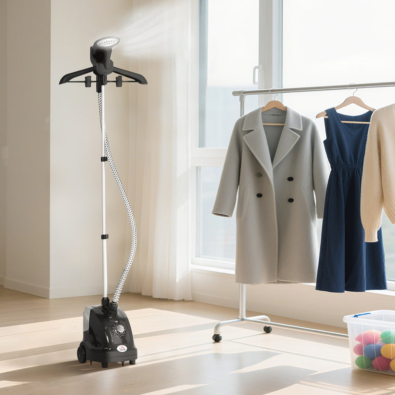Clothes Steamer for Fast Home Wrinkle Removal with Adjustable Pole and Wheels Black