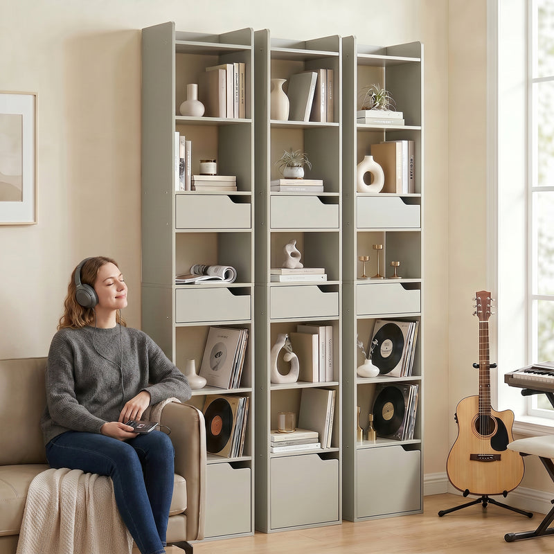 Slim Bookcase with Shelves Drawers and Cabinet for Small Room Storage Grey