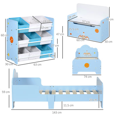 3 Piece Kids Bedroom Furniture Set With Bed Toy Box And Storage Baskets Blue AOSOM