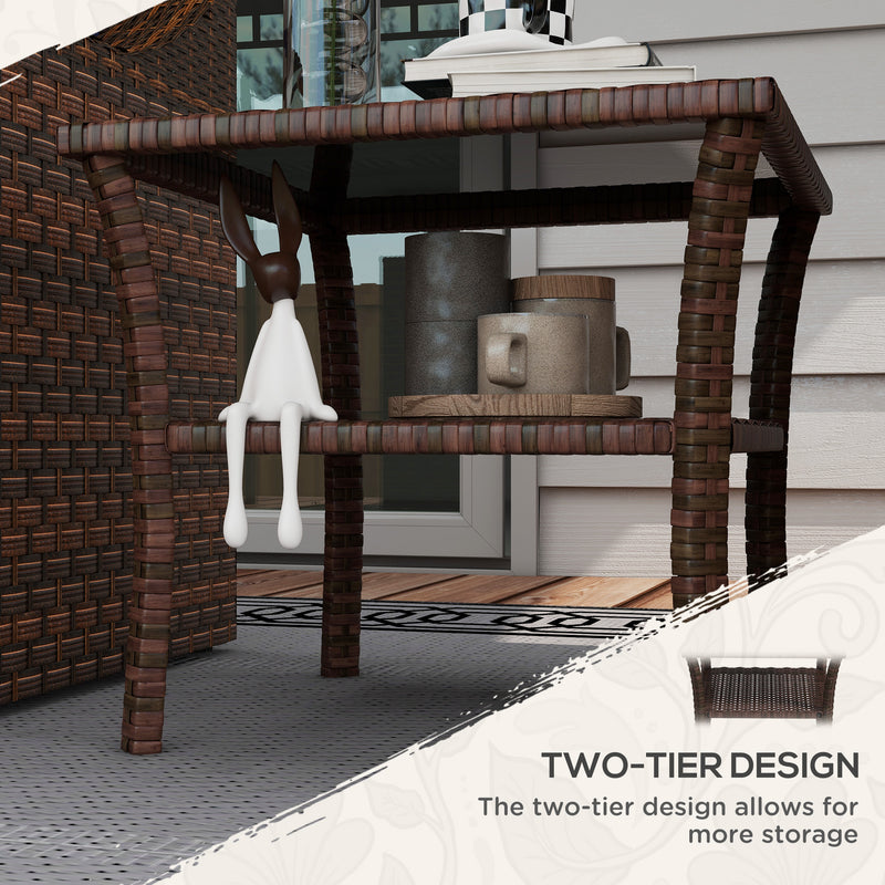 Brown Rattan Two Tier Square Coffee Table With Storage Shelf For Garden Patio Use