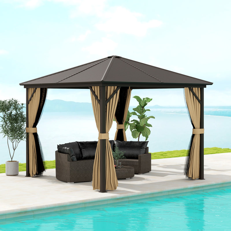 Brown 3m x 3m Metal Hardtop Gazebo with Curtains and Accessories by Outsunny