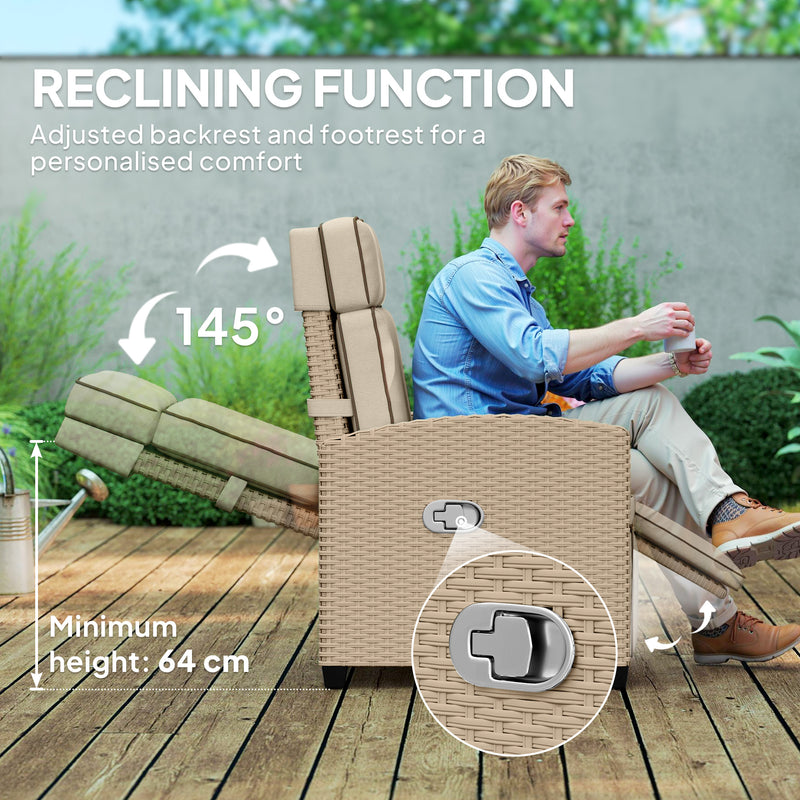 Rattan Garden Recliner Chair with Adjustable Backrest Cushion and Footrest Yellow Beige by Outsunny