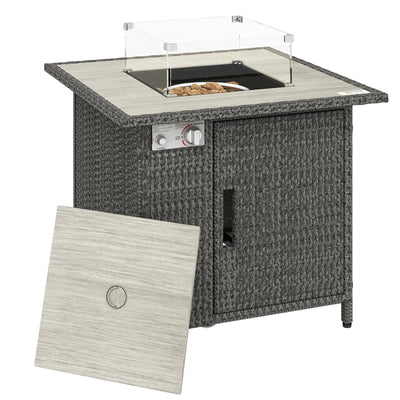 Outdoor Rattan Gas Fire Pit Table With Adjustable Flame And Glass Guard Dark Grey Outsunny
