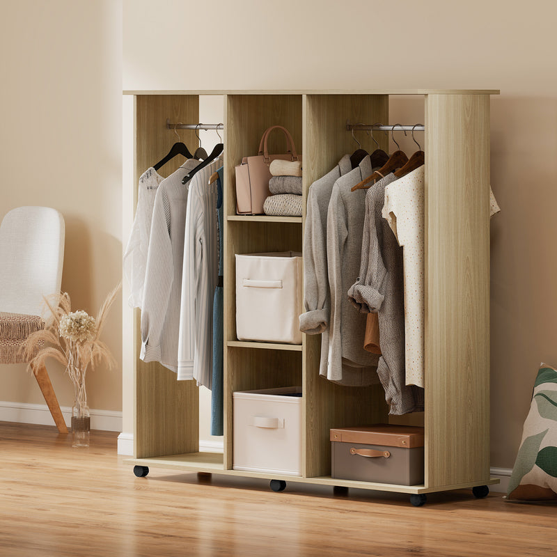 Open Wardrobe with Rails and Shelves for Easy Bedroom Storage on Wheels Natural Wood Finish
