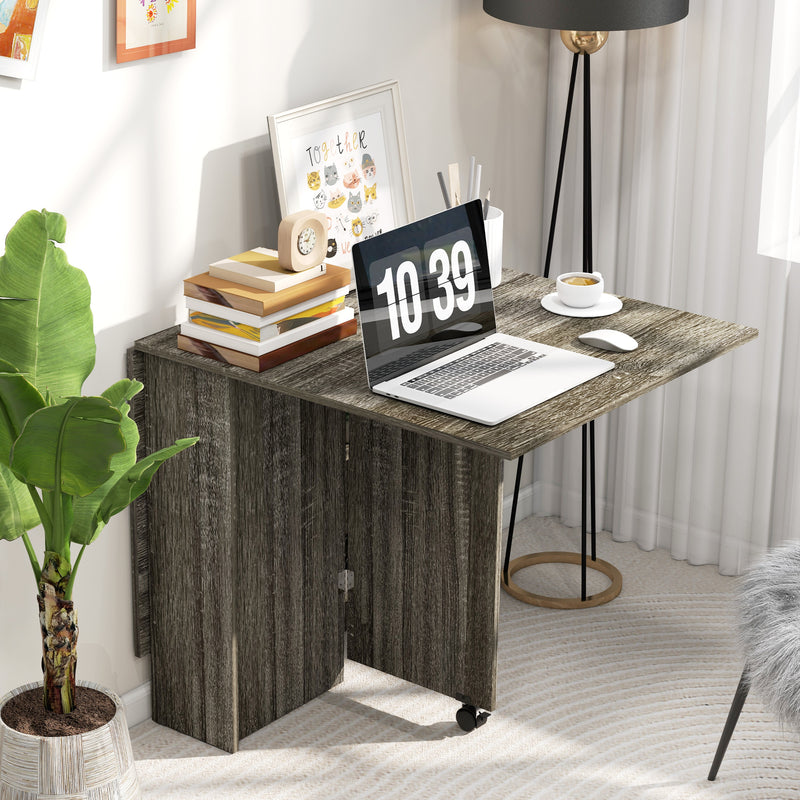 Folding Drop Leaf Dining Table with Storage Shelves and Wheels for Small Spaces, Grey