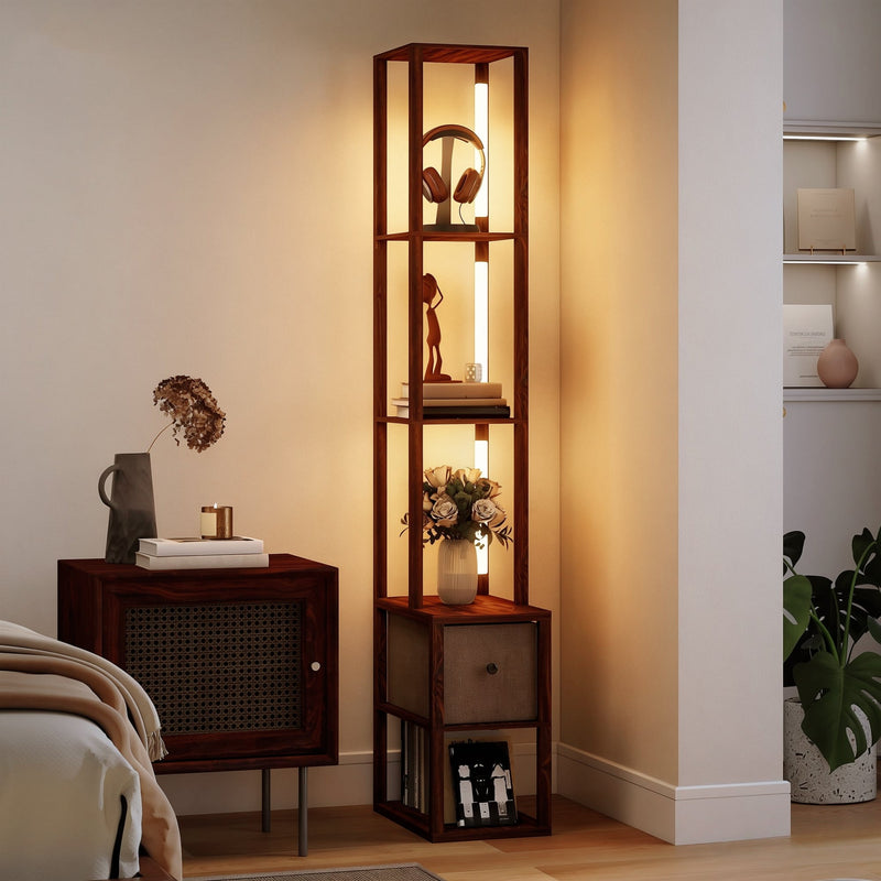Floor Lamp with Shelves and Adjustable LED for Space Saving Storage