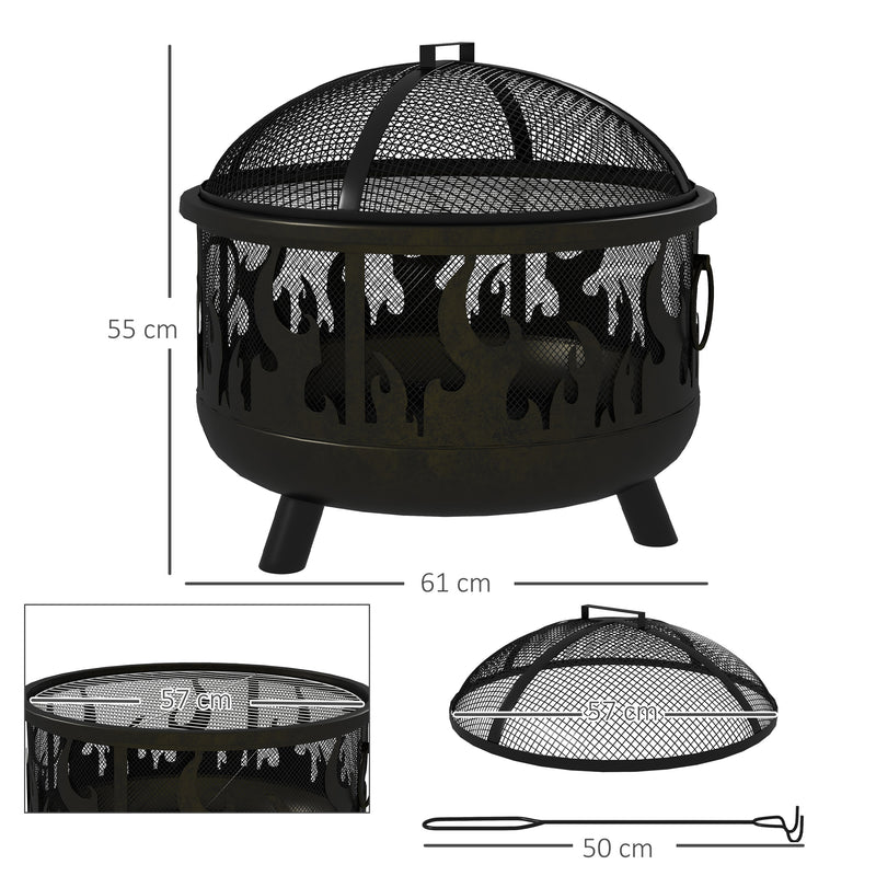 Black Steel Fire Pit BBQ With Poker For Garden Heating And Outdoor Cooking