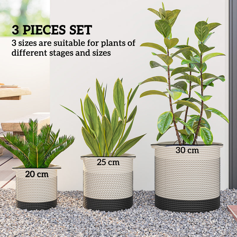Set of 3 Handwoven Cotton Rope Plant Pots with Waterproof Liner for Indoor or Outdoor Use White AOSOM