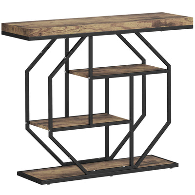 4 Tier Industrial Console Table With Storage Shelves For Hallway Or Living Room Rustic Brown AOSOM