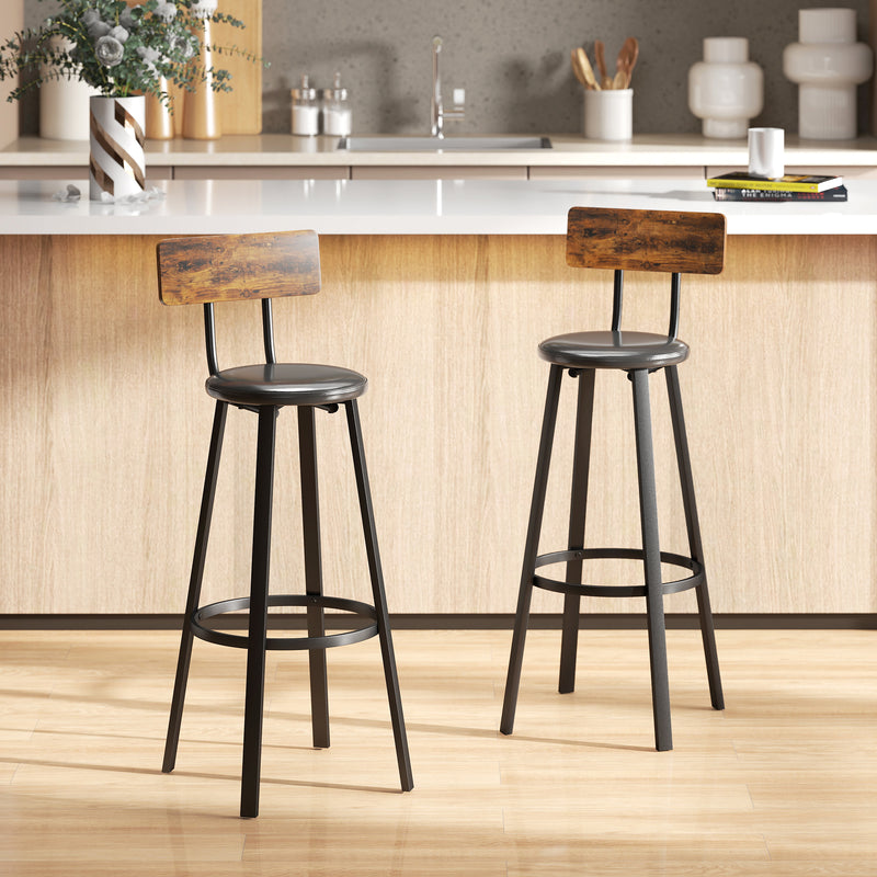 Set of 2 Industrial Bar Stools with Backrests and Footrests for Kitchen Island Rustic Brown and Black