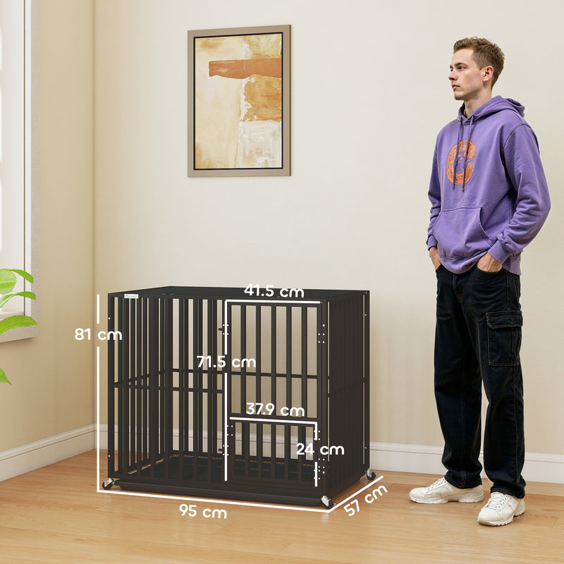 Steel Dog Crate With Removable Tray and Wheels for Secure Home Use Black AOSOM