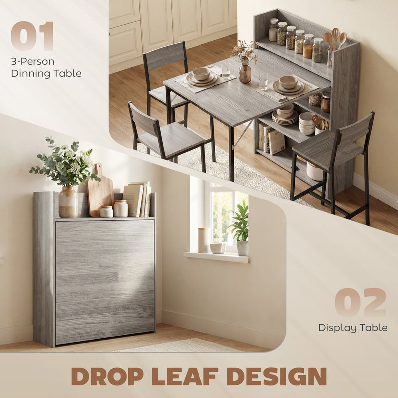 Extendable Folding Dining Table with Storage Shelves for Small Spaces Grey Wood Effect